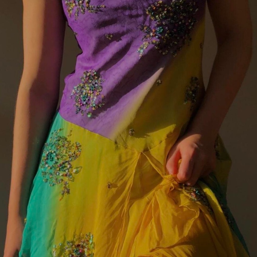 Vintage Yellow Green Purple Embroidered Midi Dress